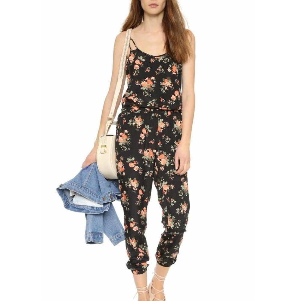 Black Floral Satin Jumpsuit M Medium Sleeveless Jogger Pant Women's Romper - Picture 3 of 14